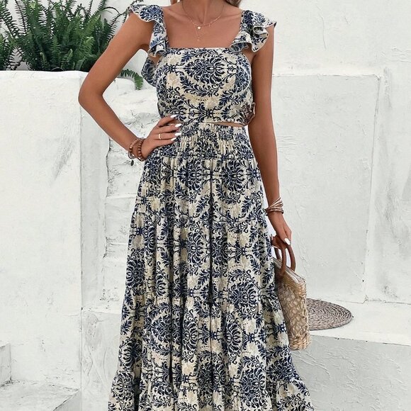 Multicolor Casual Womens Allover Print Ruffle Trim Top & Skirt - Picture 4 of 5